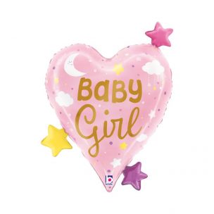 Folienballon Baby Girl zur Geburt als Herz mit Sternen